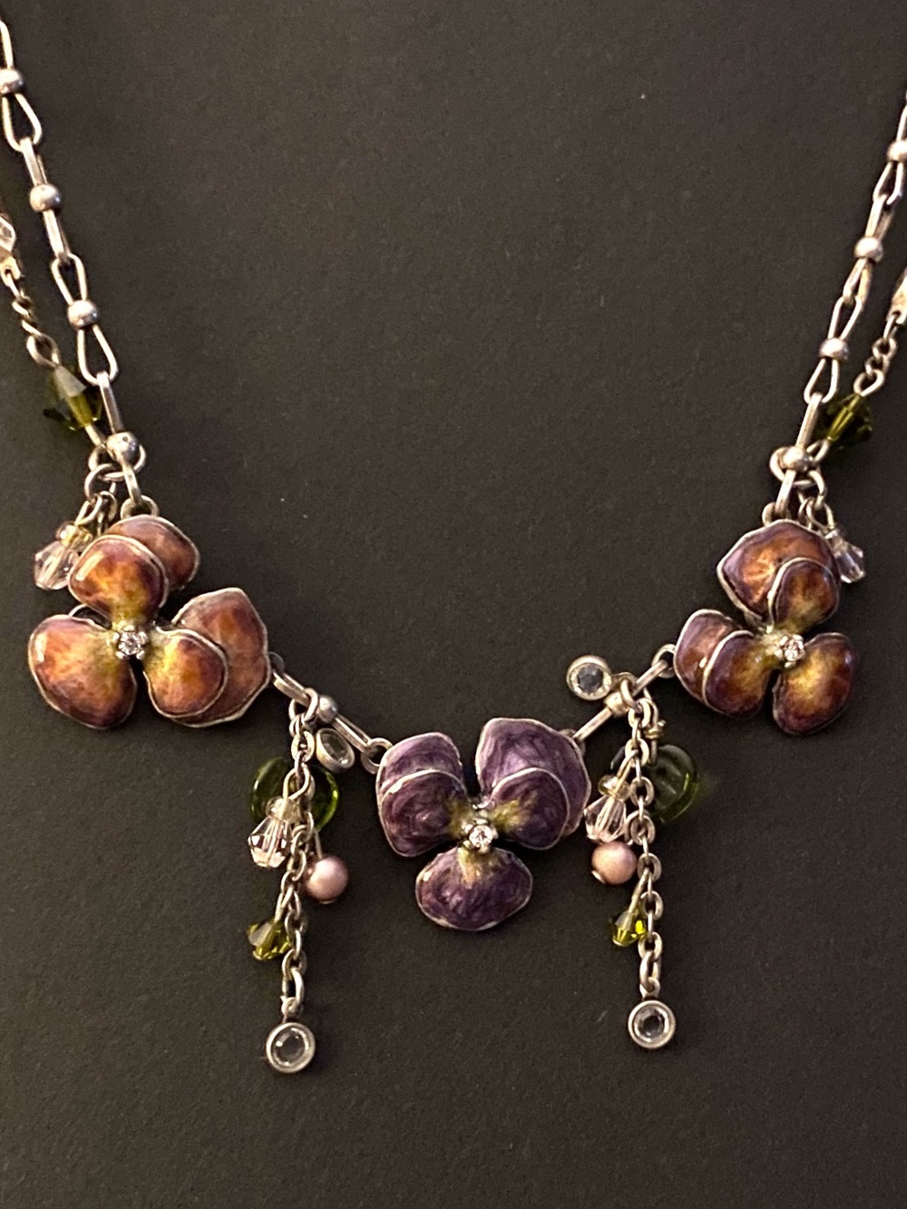 Enamel Pansy Flower Necklace Purple & Violet Enamel Petals Sweet Romance USA